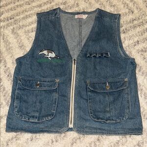 Vintage 1970s E•Z Spirit Lg denim vest featuring unique dog air brushing 3/4 zip